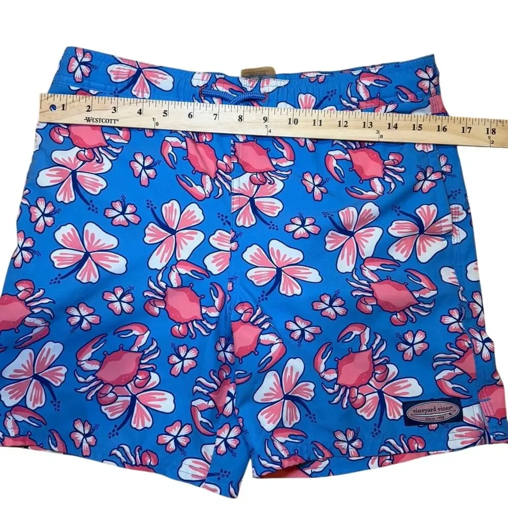 Vineyard Vines Boys Blue Pink Crab Floral Chappy Swim Trunks Shorts Size XL